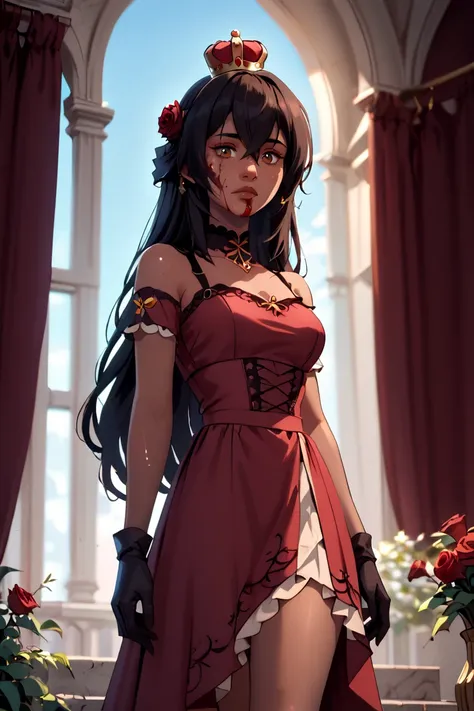 4n1v3rs3,score_9, score_8_up, score_7_up, Nelli, woman, long hair, dark skin, brown eyes, single, black hair, hair between eyes, half up, solo, medium breasts
Break 
bare shoulders, black gloves, blood, blood on face, closed mouth, crown, dress, flower, st...