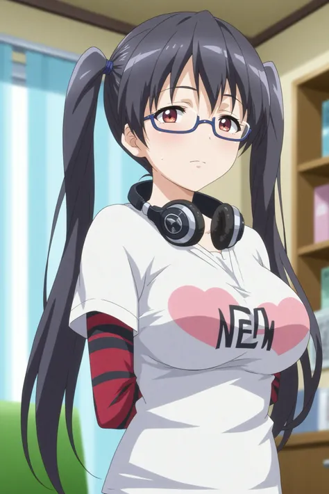 iori kousaka,anime screencap,1girl,solo,mature,indoors,shirt,glasses,headphones around neck,black hair,red eyes,long hair,standing,twintails,breasts,arms behind the back   <lora:Iori_Kousaka.safetensors:0.8>