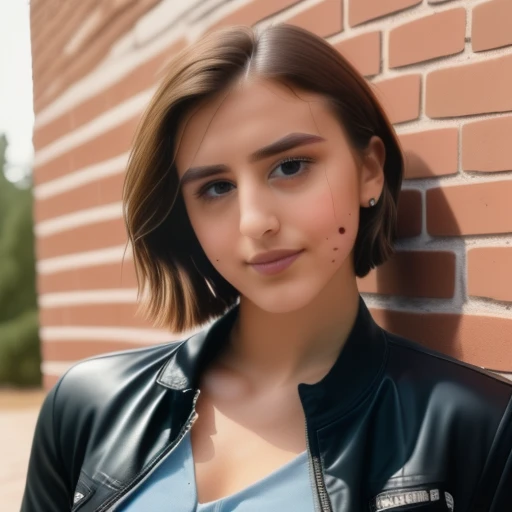 Close-up of Pietra leaning against a brick wall, (photorealistic:1.4), sharp focus, realistic eyes, slight smile, wearing a leather jacket, soft shadows on her face.