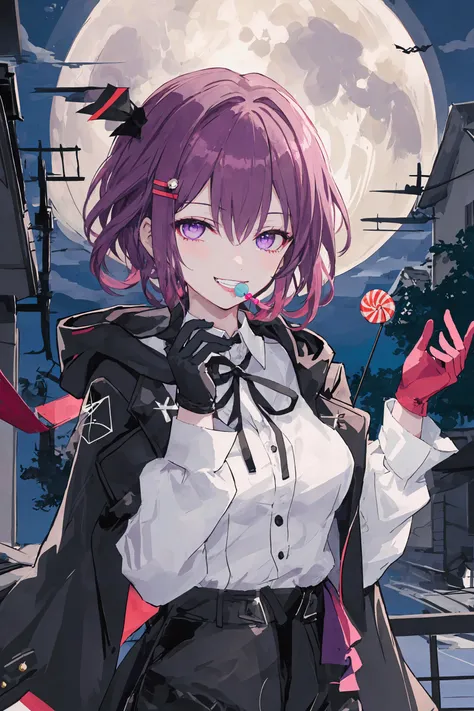 1girl,
kafka,solo,upper body,looking at viewer,hands up,smile,hair between eyes,night,purple eyes,crossed bangs,wing hair ornament,black ribbon,collared shirt,gloves,moon,grin,black gloves,sky,neck ribbon,outdoors,jacket,holding food,white shirt,holding lo...