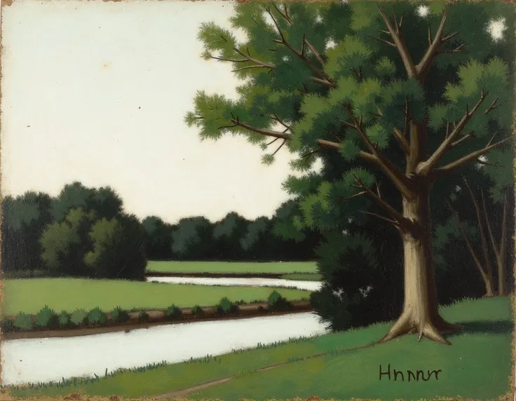 an oil painting of a green spring forest with tree and a river by Hnnr. The color palette is soft dominated by whites greens and earthy tones evoking a sense of peace and tranquility.