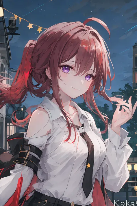 1girl,
kafka,solo,upper body,looking at viewer,hands up,smile,hair between eyes,night,purple eyes,birthday,blurry background,light particles,outdoors,clenched hands,fingernails,blurry,shirt,ponytail,sidelocks,high ponytail,sky,black shirt,red hair,happy bi...