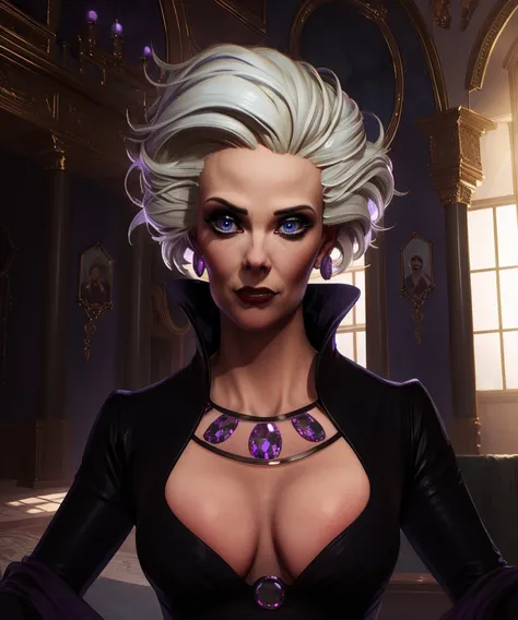 helenbierce,white hair,blue eyes,
black dress,jewelry,cleavage,purple gem,wide sleeves,long sleeves,
indoors,castle,dark corners,
(insanely detailed, beautiful detailed face, masterpiece, best quality) solo,<lora:helenbierce:0.9>,