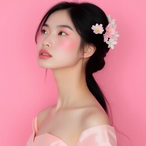 pink background, hair ornament, petals, skirt, solo focus, looking up, black hair, blush, female focus, makeup, east asian architecture,