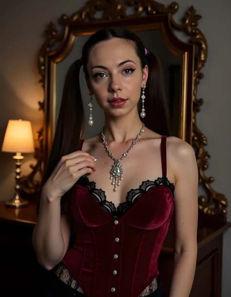 In a dimly-lit, Victorian-era parlor, a captivating woman named ELL153F stands against the backdrop of an ornate, antique mirror, her twintails adorned with intricate pearl and diamond earrings cascading down her shoulders. Clad in a lavish crimson velvet ...