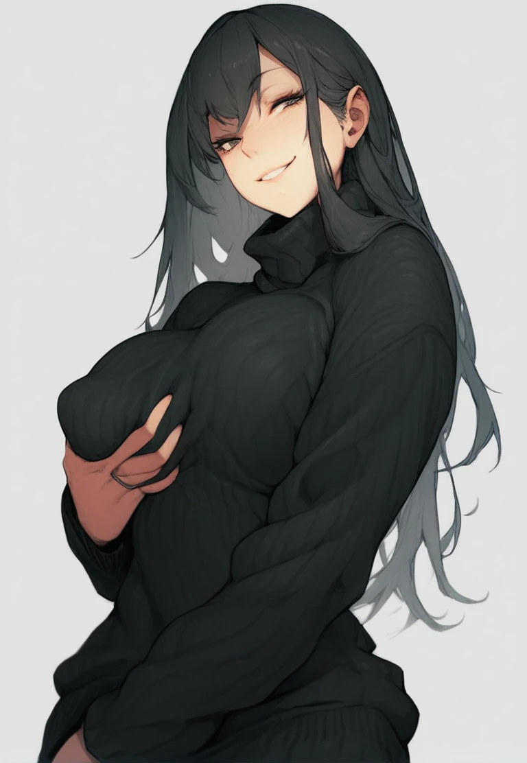 score_9, score_8_up, clothed breast grab, self grab, seductive smile, long hair, sweater dress, 
  <lora:Self_Breast_Grab-000005:1>