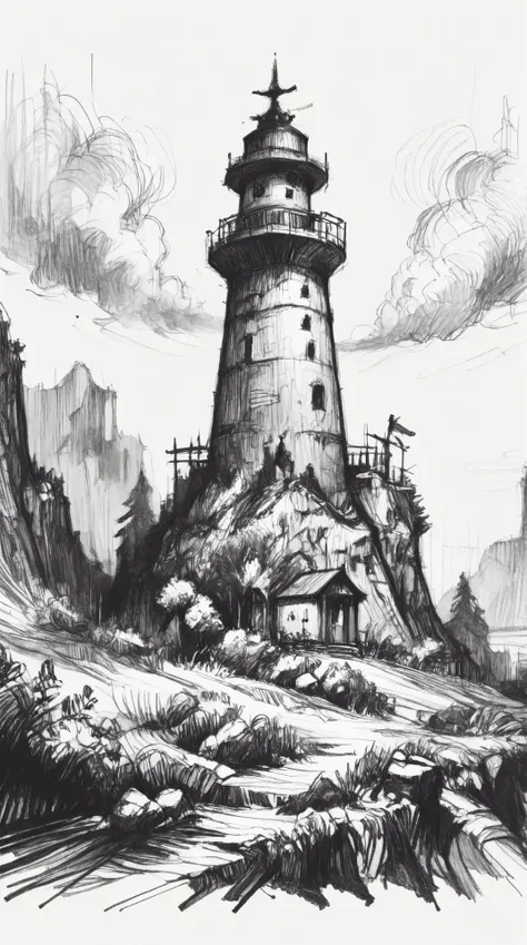 monochrome, charcoal sketch, greyscale cross-hatching lighthouse