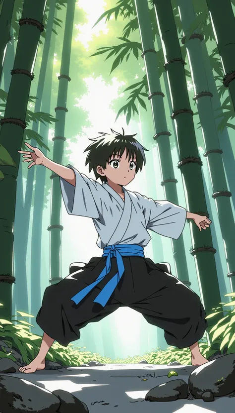 AsirAnimeillustrationflux，a young boy practicing martial arts in a bamboo forest, flashback scene, anime illustration style, traditional clothing, serene atmosphere, sunlight filtering through leaves, nostalgic feeling