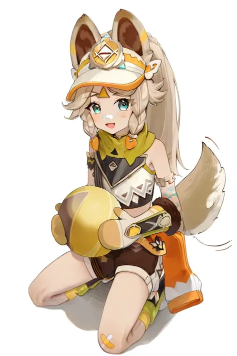 masterpiece,best quality,<lora:kachina_gs_a31-xl:1>,1girl,kachina_(genshin_impact),animal_ears,tail,solo,bandaid,visor_cap,tail_wagging,shorts,braid,white_background,bandaid_on_leg,ball,gloves,looking_at_viewer,simple_background,open_mouth,bandaid_on_knee,...