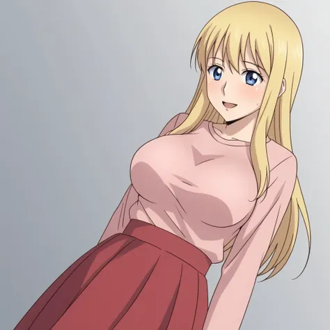 1girl, solo, hoshigaoka, blonde hair, long hair, blue eyes, breasts, red skirt, pink shirt, long sleeve