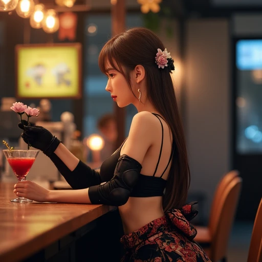 realistic, low-tied long hair, hair ornament, upper body, profile, bra, blurry, gloves, crescent earrings, skirt, black bra, black shorts, alternate costume, solo, Fingerless gloves, crop top, ceiling light, Black hair, flower,  elbow pads, fingerless glov...