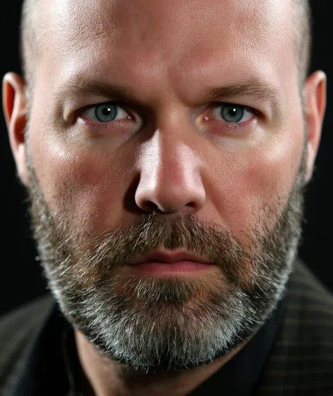 Fred Durst, raw photo, a close-up portrait, with a shaved head and a full, rugged beard. His expression is serious, with piercing blue eyes staring directly at the camera. The background is dark, which further highlights his facial features and intense gaz...