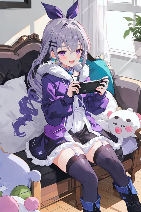 1girl,
silver wolf, solo, indoors, looking at viewer, smile, on stomach, black footwear, handheld game console, lying, blush, window, long hair, stuffed toy, couch, red thighhighs, long sleeves, purple dress, thighhighs, boots, :d, hair ornament, frilled d...