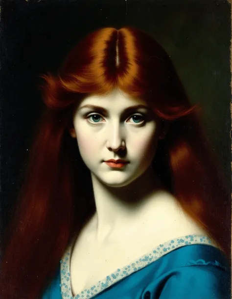 an oil painting portrait of a womanby hnnr, woman, long hair, looking at viewer, upper body, blue eyes, brown hair, lips, closed...