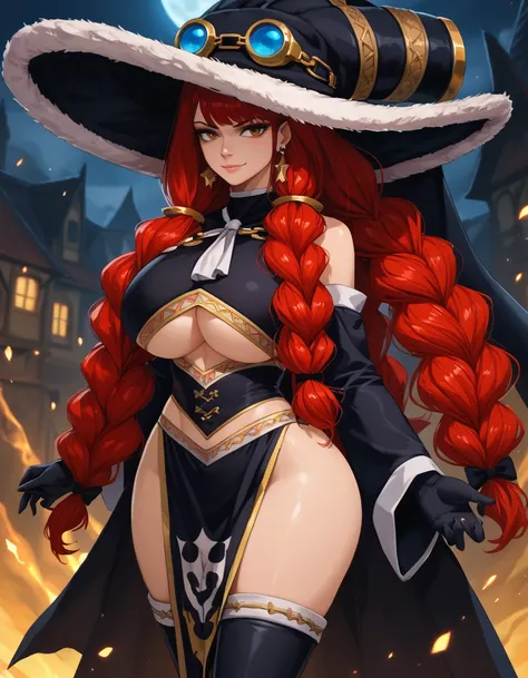 score_9, score_8_up, score_7_up,score_6_up  source_anime,
irdef, braid, underboob cutout, black gloves, long hair, witch hat, red hair, twin braids,earrings, goggles on headwear, detached sleeves, bare shoulders, orange eyes, chain, crop top, black thighhi...