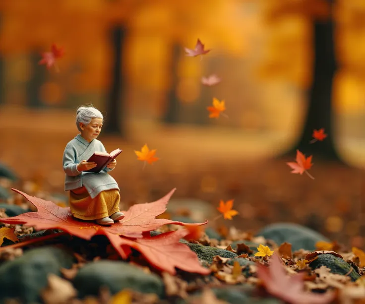 ohwx, top view, Miniature landscapeclay material, An old women is sitting on a maple leaf reading a book, Maple leaves are falling from the sky, macro photography, the background is blurred. The high quality, ultra-high resolution images show bright colors...