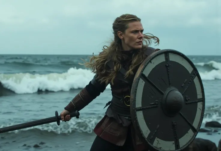  <lora:flux/B4A_Vikings_Style-000017:1> b4a_vikings_style, A female Viking shieldmaiden resembling Frida Gustavsson charging forward, her braided hair flying in the wind, gripping her sword and round shield tightly, with a stormy sea in the background. The...