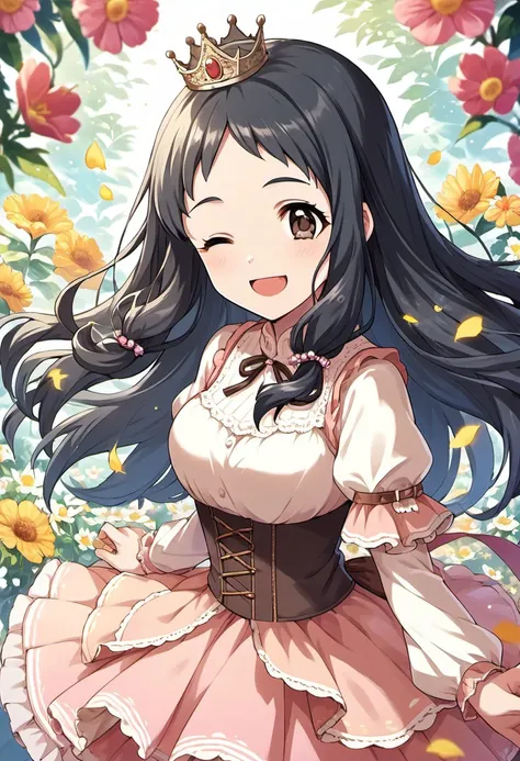 score_9, score_8_up, score_7_up, source_anime,oonuma kurumi, black hair, long hair, brown eyes, 1girl, one eye closed, solo, open mouth, smile, dress, flower, crown