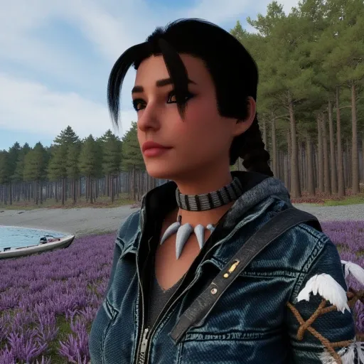 Sara Avalon gazes thoughtfully into the distance, her amber eyes reflecting the soft light that filters through the towering pines surrounding her. Clad in a weathered denim jacket that compliments the rugged beauty of the wilderness, she exudes a quiet st...