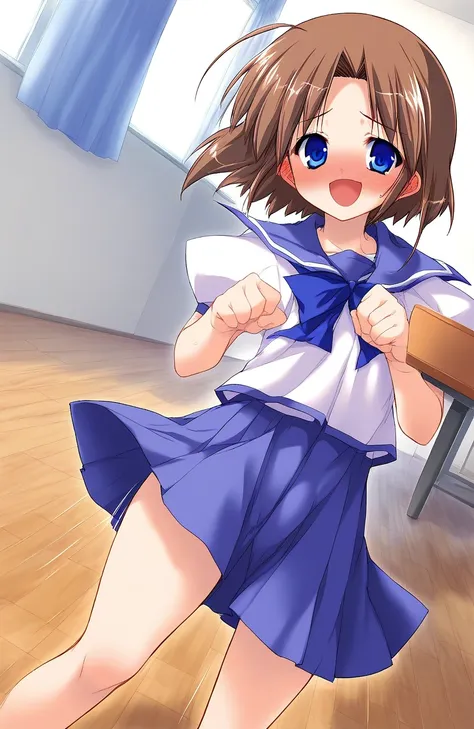 score_9, score_8_up, score_7_up, source_anime, rating_explicit, BREAK   <lora:Shiki_Akimi_Ver2.0_XL:1> ShikiAkimi, brown hair, blue eyes, short hair, short stack,
 solo, school uniform, blue skirt, long skirt, 
room, flooring, curtain, 
full-face blush, em...