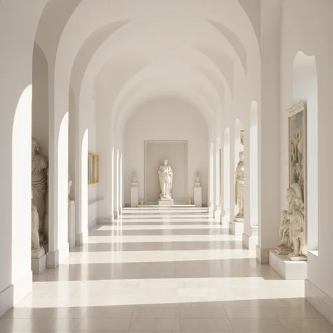 corridor,best picture quality, masterpiece, high resolution, 4k,smooth white walls, art paintings and sculptures, soft lighting, delicate decorative details
artistic atmosphere, elegant and meaningful
modern art style, emphasizing the display and appreciat...