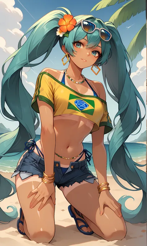 score_9, score_8_up, score_7_up, BREAK source_anime, 1girl, solo, outdoors, beach, cowboy shot, kneeling, looking at viewer, miku_br, blue eyes, aqua hair, absurdly long hair, twintails, dark skin, hair flower ornament, hoop earrings, sunglasses, eyewear o...