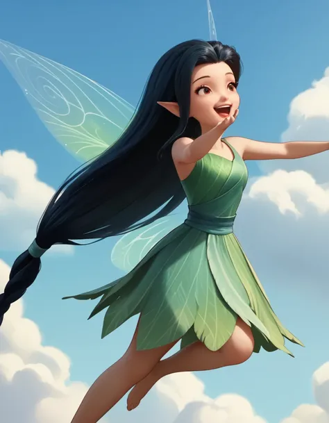 score_9, score_8_up, score_7_up, score_6_up, score_5_up, score_4_up, source_anime  <lora:DisneyTinkerbell:1>, happy, flying, blue sky, clouds Silvermist, fairy, pointy ears, black hair, brown eyes, very long hair, green dress