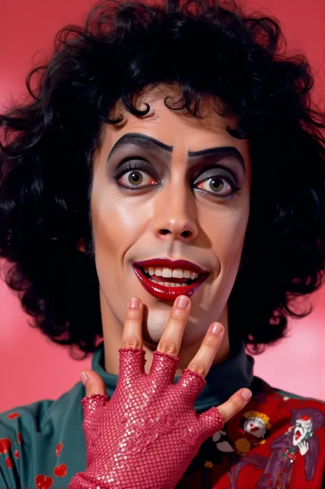 close-up whimsical anime illustration of Tim Curry as frank-n-furter from Rocky Horror Picture 