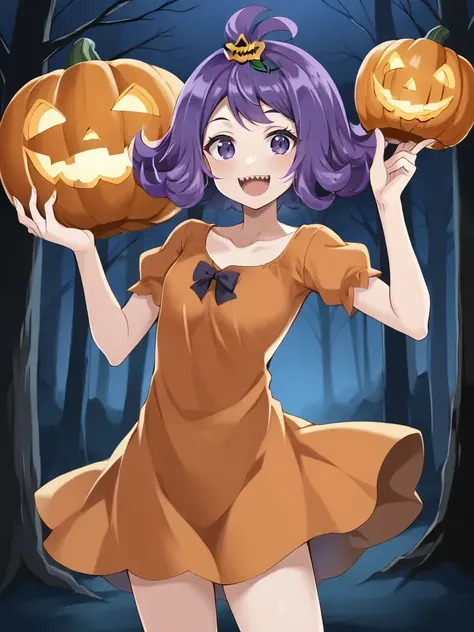 <lora:sumonacerolatsukishiro:0.7>
1girl, solo, acerolasiriguela, purple hair, flipped hair, topknot, hair ornament, orange dress, forest, night, dark forest, black trees, halloween theme, holding, pumpkin, smile, sharp teeth, standing, looking at viewer, o...