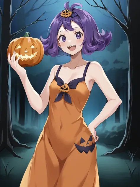 <lora:sumonacerolatsukishiro:0.7>
1girl, solo, acerolasiriguela, purple hair, flipped hair, topknot, hair ornament, orange dress, forest, night, dark forest, black trees, halloween theme, holding, pumpkin, smile, sharp teeth, standing, looking at viewer, o...