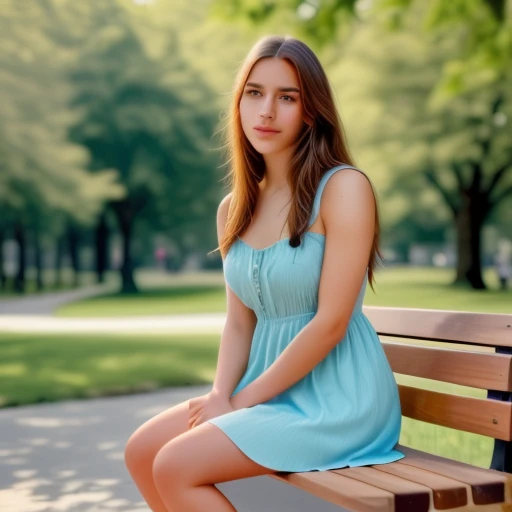 Pietra sitting on a wooden bench in a park, mid shot, (photorealistic:1.4), soft afternoon light, wearing a light summer dress, natural background, slight facial asymmetry, realistic hair texture