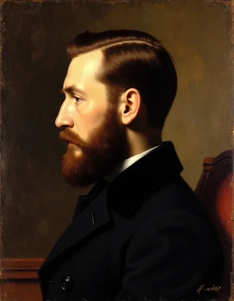 an oil painting portrait of a man by hnnr, man, male focus, beard, facial hair, profile, brown hair, upper body, from side, indo...