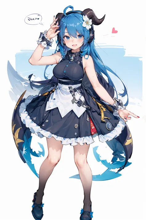 masterpiece,best quality,4k,ohwx, 1girl, (ganyu_(genshin_impact):0.75), solo, dress, blue_hair, blue_dress, horns, purple_eyes, breasts, bare_shoulders, ahoge, thighs, long_hair, official_alternate_costume, hair_ornament, sleeveless, sleeveless_dress, goat...