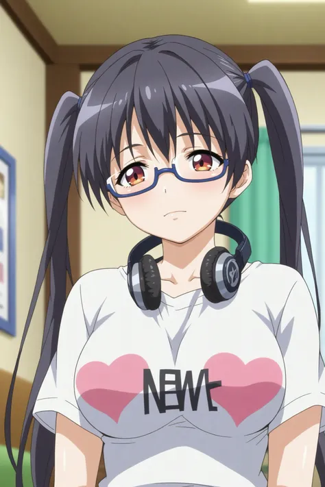 iori kousaka,anime screencap,1girl,mature,indoors,shirt,glasses,headphones around neck,black hair,red eyes,long hair,standing,twintails,breasts, <lora:Iori_Kousaka.safetensors:0.8>