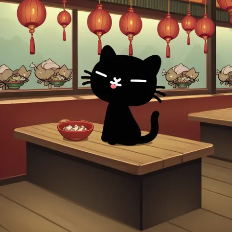 score_9,score_8,score_7,high quality, highres, high resolution, dark lighting, sitting, mio_pucca, black cat, cat, black body, tail, cat, black cat, solo, 1boy, :3, tongue out, closed eyes, chinese restaurant, bowl of fish, sitting