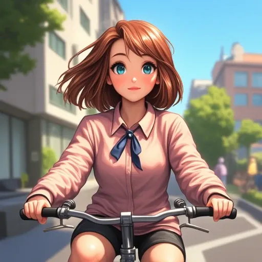 cartoony anime, 1woman, riding a bicycle, facing the viewer,