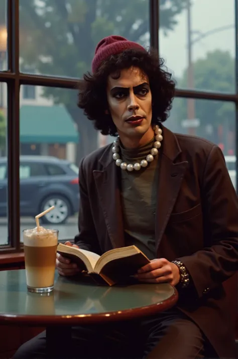 Tim Curry as frank-n-furter from Rocky Horror Picture show as a hipster sitting at a coffee shop in Portland Oregon. Hes wearing a beanie on his head and reading a book. Next to him theres a latte. In the background its raining outside.