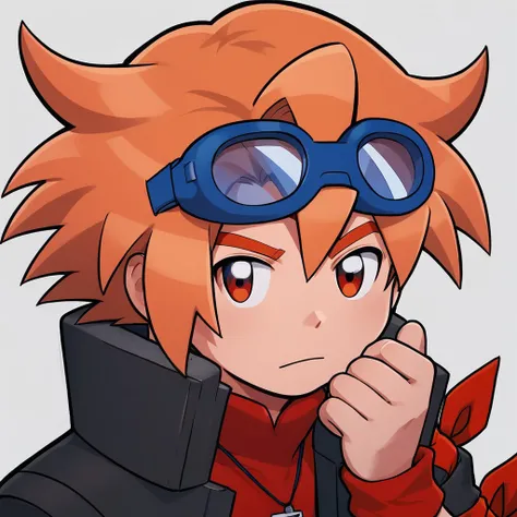 Koh, Digimon, male, boy, orange hair, red eyes, medium hair, spiky hair, blue goggles, red armband, closed mouth, perfect, perfection, solo, flawless, red armscarf, black jacket, red shirt, blue shorts, blue socks, red sneakers, pendant, digivice, phone, d...