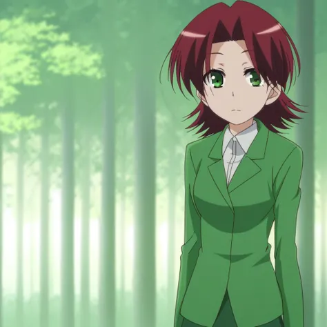 score_9, solo, koumoto_akari, red hair, short hair, green eyes, jacket, skirt, cute, forest, natural lighting