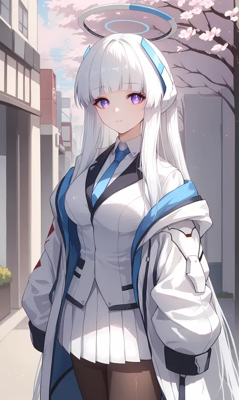 score_9, score_8_up, score_7_up, BREAK source_anime, 1girl, solo, outdoors, street, cherry blossoms, cowboy shot, standing, looking at viewer,ushio_noa, purple eyes, white hair, absurdly long hair, blunt bangs, sidelocks, hair ornament, halo, white coat, o...