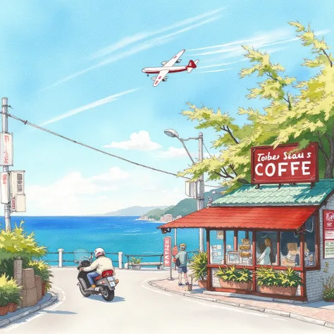 Watercolor,hand drawn,Best picture quality, masterpiece, high definition, 4K, A coffee shop on a seaside road, with motorcycles on the road and planes passing by in the sky, leaving traces