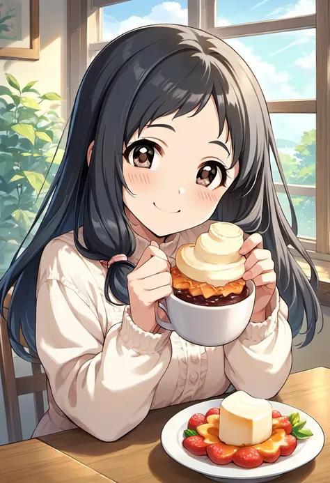 score_9, score_8_up, score_7_up, source_anime,oonuma kurumi, black hair, long hair, brown eyes, 1girl, solo, looking at viewer, food, blush, cup, smile, window