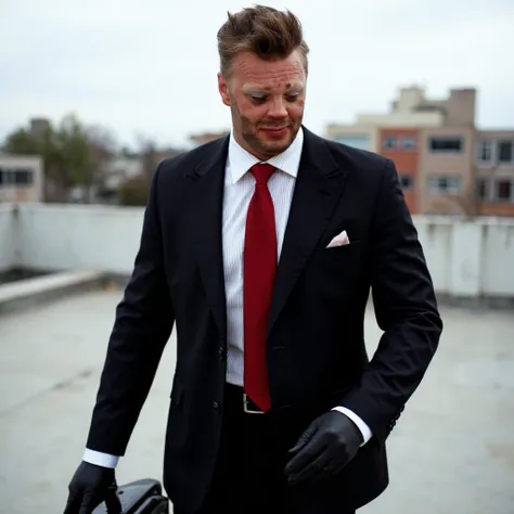 UunoTurhapuro, man weating black suit, two button notch lapel two piece suit with a white shirt adorned with black pinstripe and red tie and black gloves. He is on a roof top and holding a suit case. Looking focused.