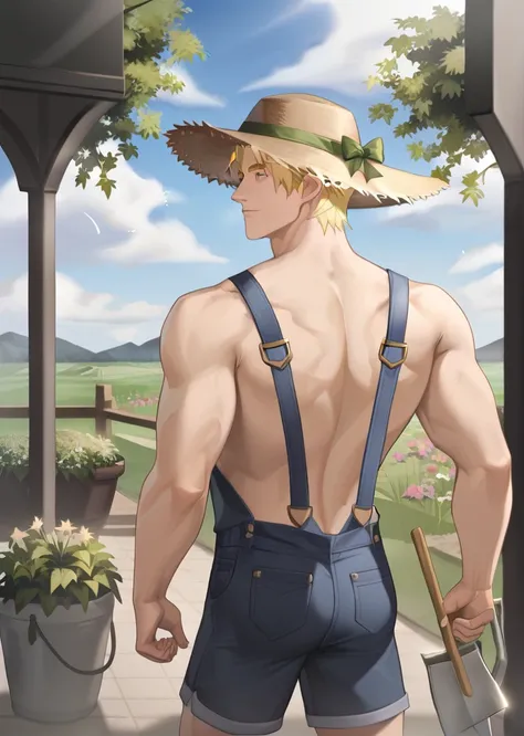 1boy, bara, muscle, solo, adult, handsome, best quality, amazing quality, best aesthetic, absurdres, good eyes, good face, detailed eyes, detailed face, beautiful face, beautiful eyes, garden, straw hat, shirtless, overalls, shorts, crops, watering can, bl...