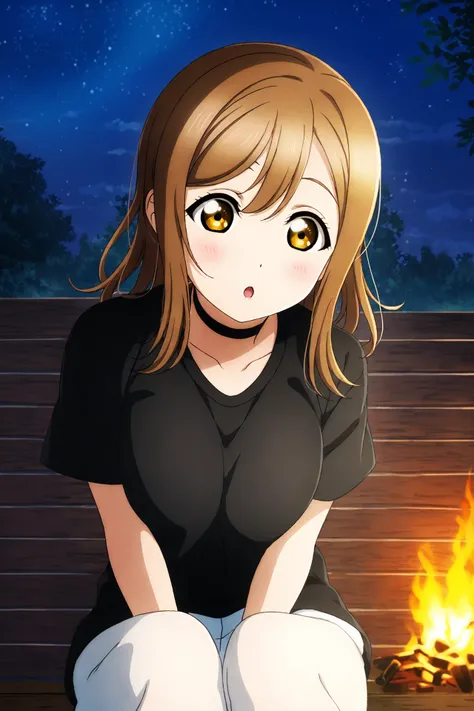 high quality, defined pupil, looking at viewer, rounded pupil, defined iris, (soft iris:1.2), torso shadow, long hair, bangs, mole, hairclip,
portrait, sitting, straight on,
parted lips, open mouth, surprised,
bare arms, black t-shirt, black choker,
cottag...