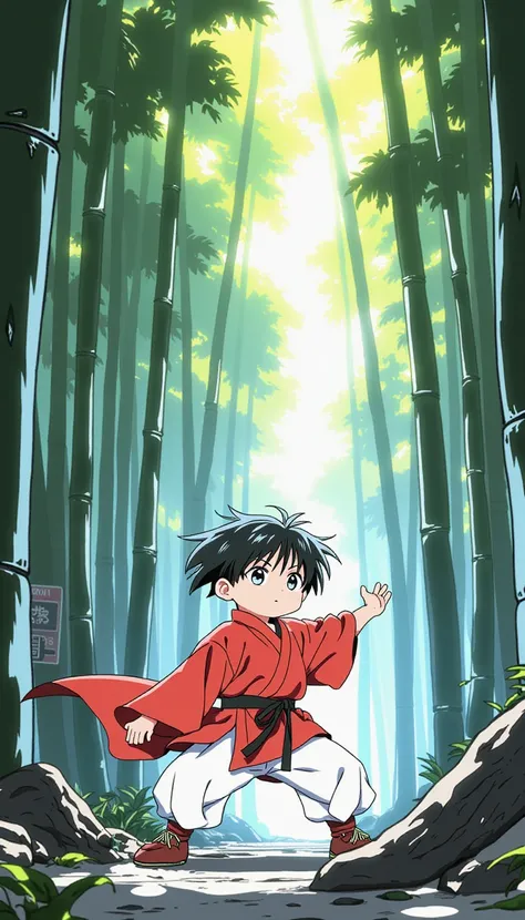 AsirAnimeillustrationflux，a young boy practicing martial arts in a bamboo forest, flashback scene, anime illustration style, traditional clothing, serene atmosphere, sunlight filtering through leaves, nostalgic feeling