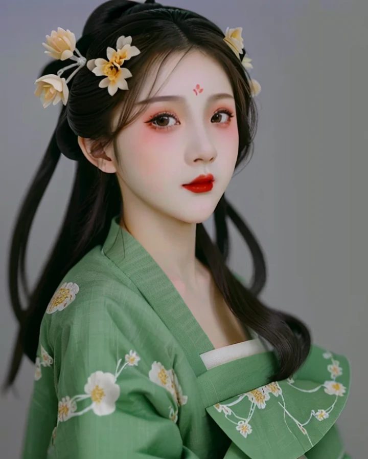 real skin texture,1girl,flower head,hanfu,realistic,photo,the right shadow,face contour shadow,three-dimensional facial features,face shadows,the face is shaded to highlight the three dimensions of the facial features,