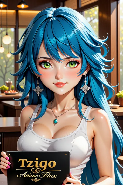 a beautiful blue haired girl, long messy blue hair, beautiful detailed deep green eyes, shy smile, small breasts, white tank top, upper body view, in a bar,  filigree silver earrings, filigree silver necklace,
(she is presents a black sign with the text "T...