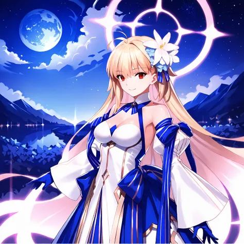 1girl, solo, (arc_3:1.1), slit pupils, breasts, blonde hair, long hair, white dress, red eyes, detached sleeves, hair ornament, cleavage, bangs, very long hair, long skirt, multicolored clothes, bare shoulders, blue skirt, blue gloves, multicolored skirt, ...