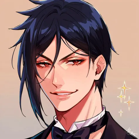 score_9, score_8_up, score_8, source_anime, fabulous artwork, best quality, high resolution, colorful, bright, flat shading
portrait bust up, solo, 1boy, smirk, Sebastian michaelis, black hair, red eyes, butler suit